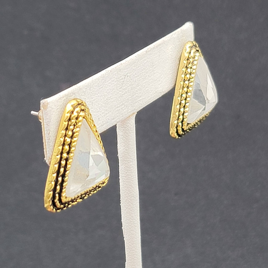 Pierced Earrings Gold tone Faceted Crystal Triangle Drop 1" SO Sparkly!!