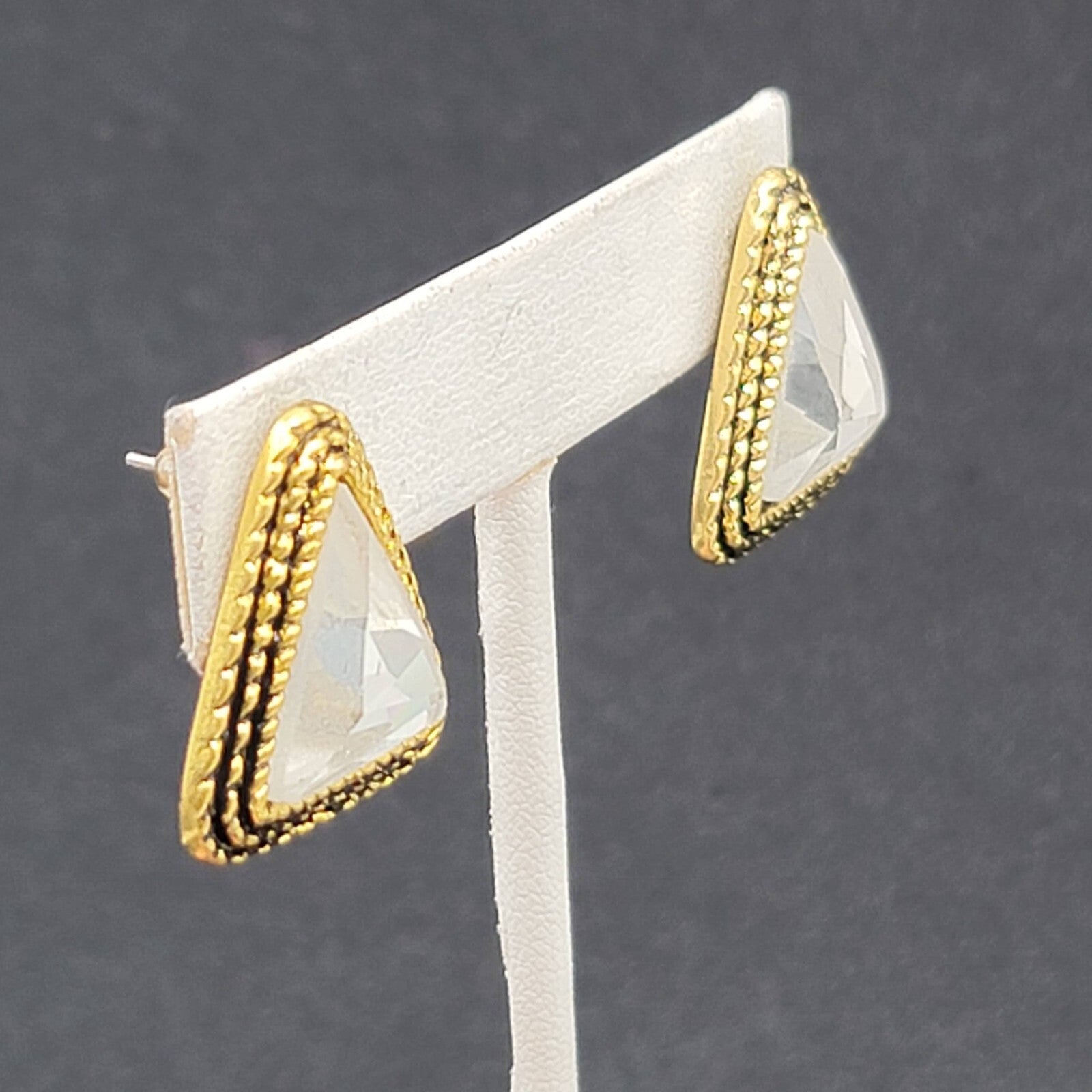 Pierced Earrings Gold tone Faceted Crystal Triangle Drop 1" SO Sparkly!!