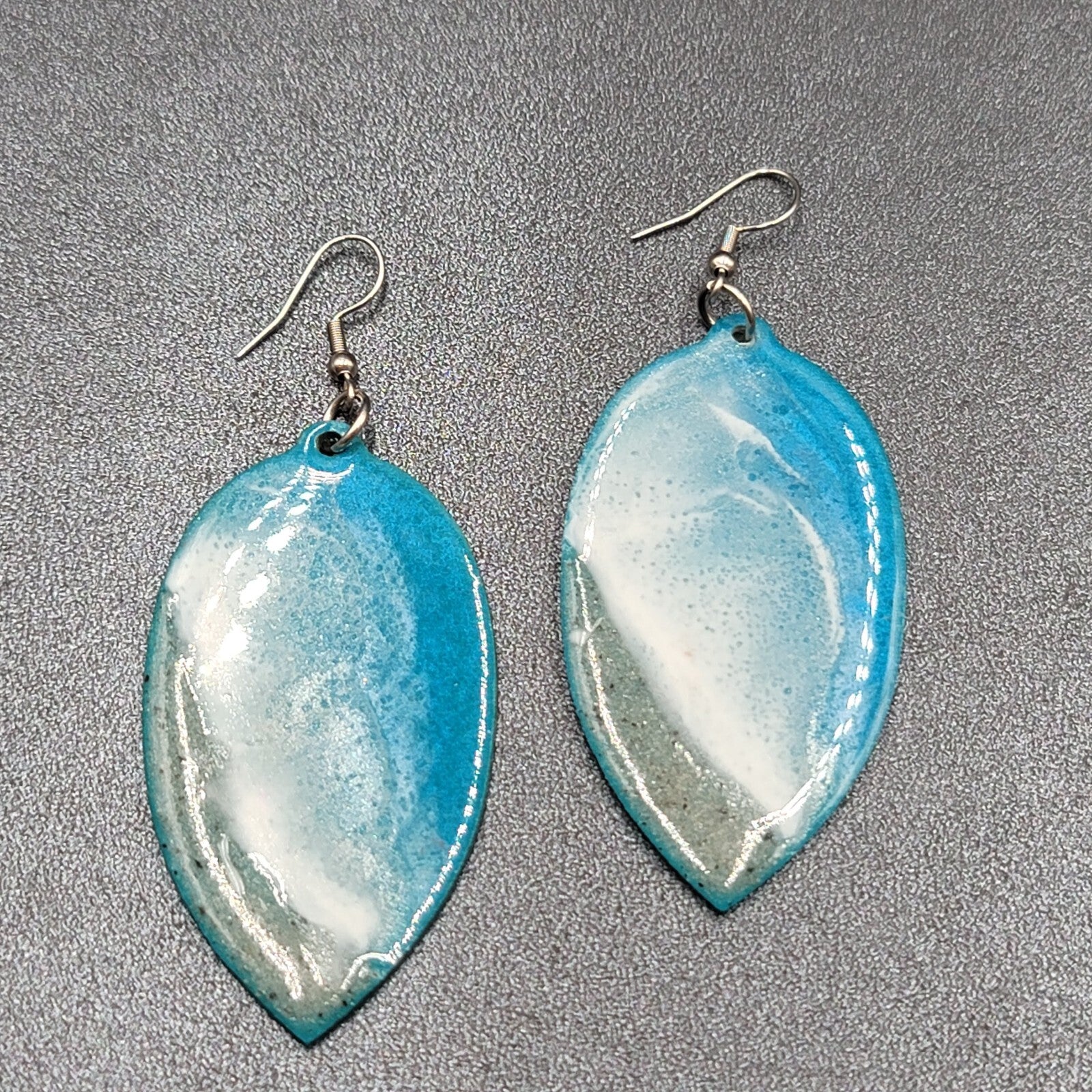 Pierced Earrings Silver tone Resin on Wood Ocean Beach Scene Large Dangle 2.5"