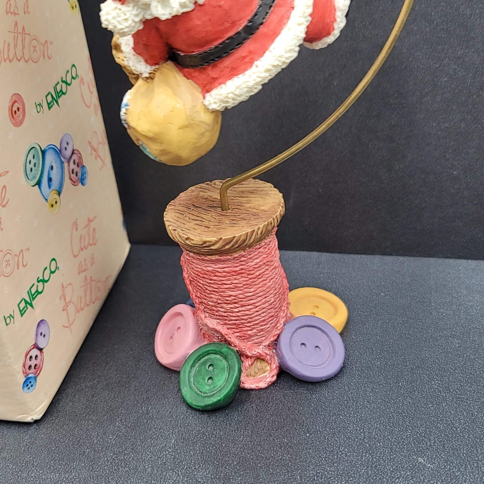 Vtg Christmas Enesco Cute As A Button Santa Green Glove Spool Base Figurine