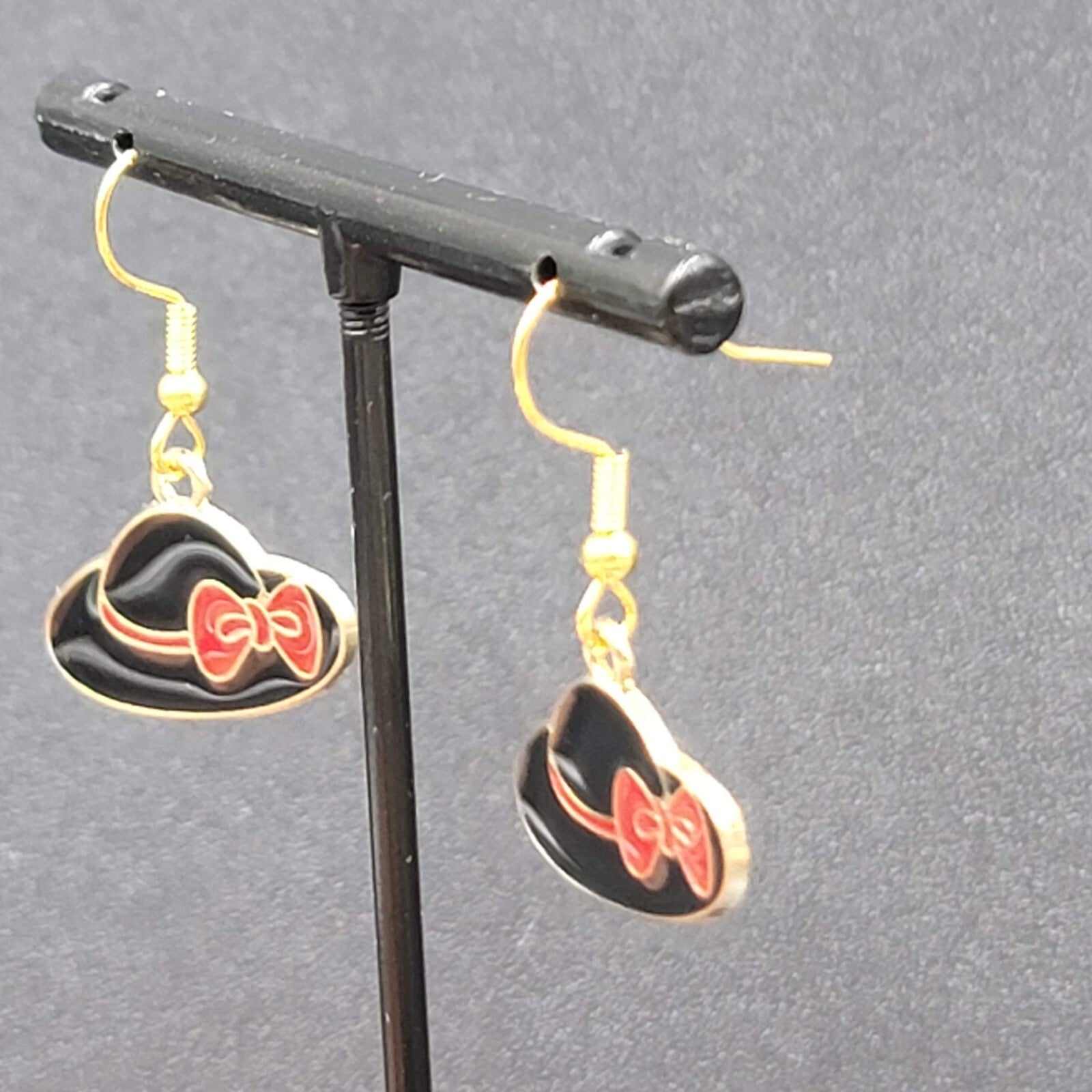 Hat Pierced Earrings Gold tone Red Black Enamel Dangle 5/8"