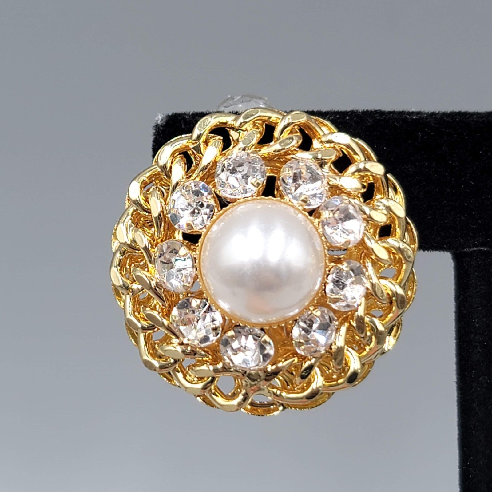 Vintage Clip on Earrings Gold tone Open Work Chain White Cabochon 1.25"