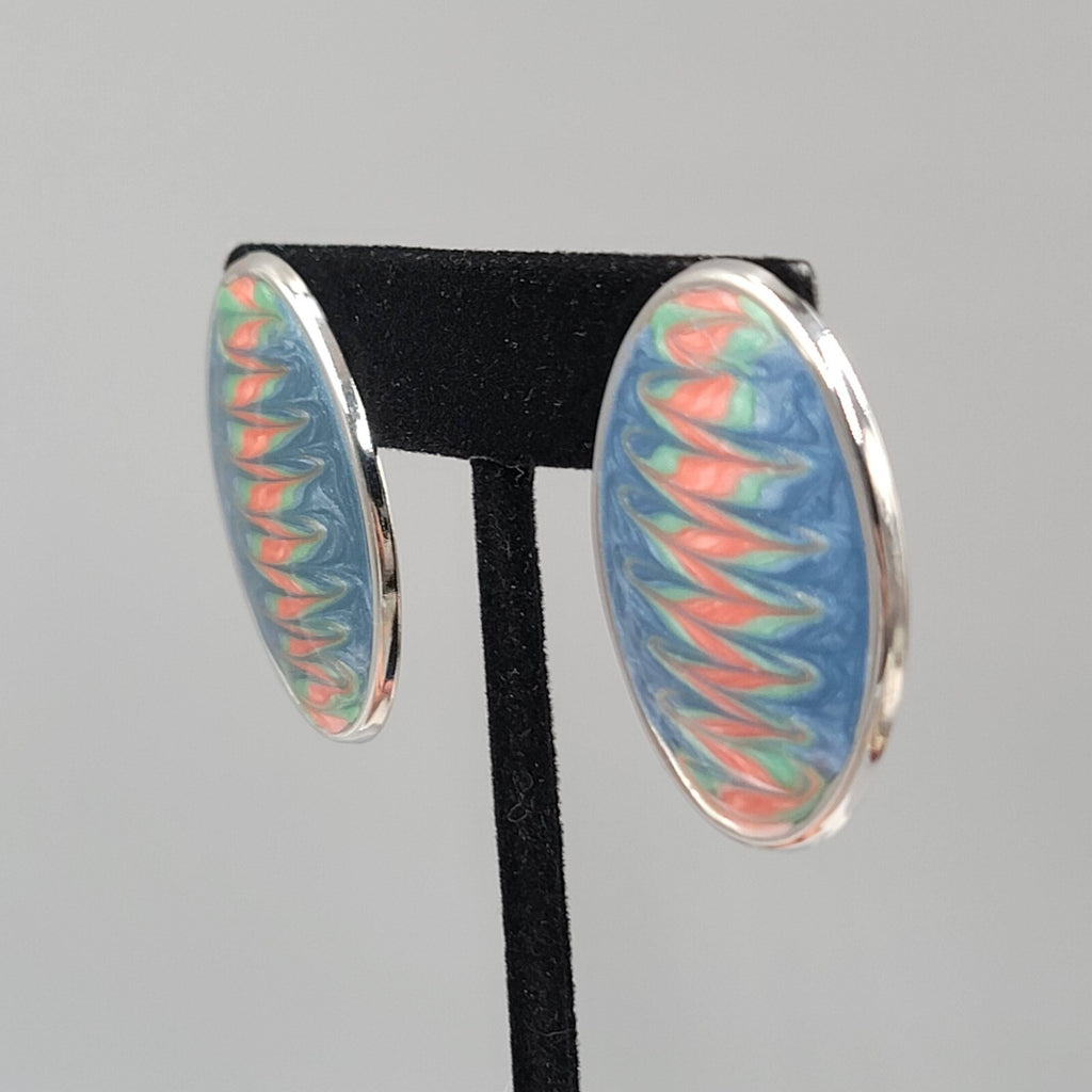 Vintage Pierced Earrings Pink Blue Enamel Silver tone Oval Drop 1 3/8"