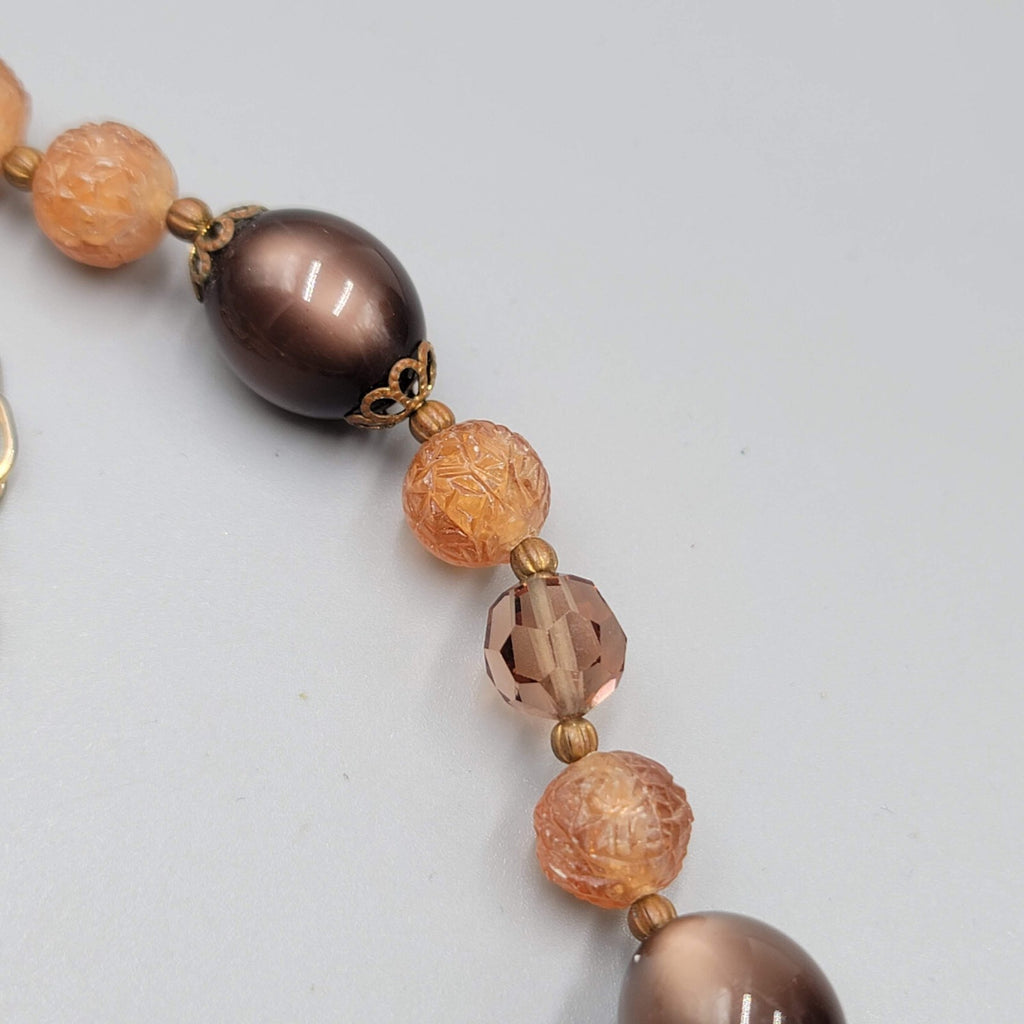 Vintage Lisner Necklace Brown Moon Glow Molded Beads Estate Jewelry 13"-16"