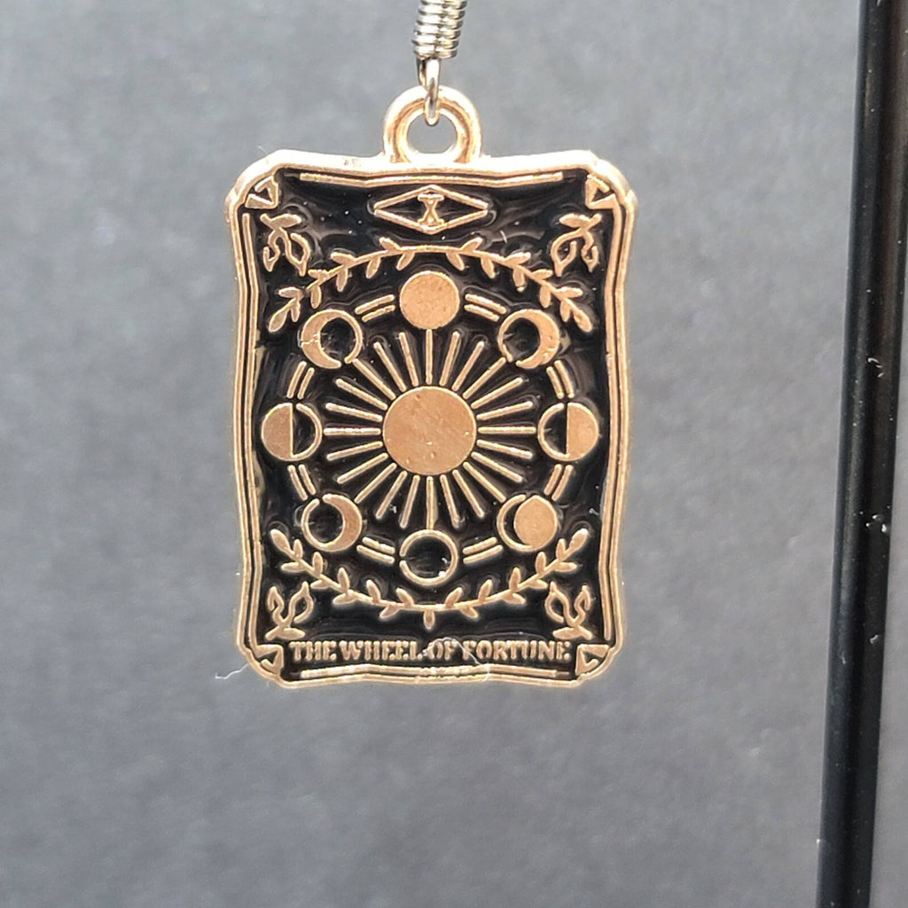 Tarot Card Pierced Earrings The Wheel of Fortune Gold tone Black 1"