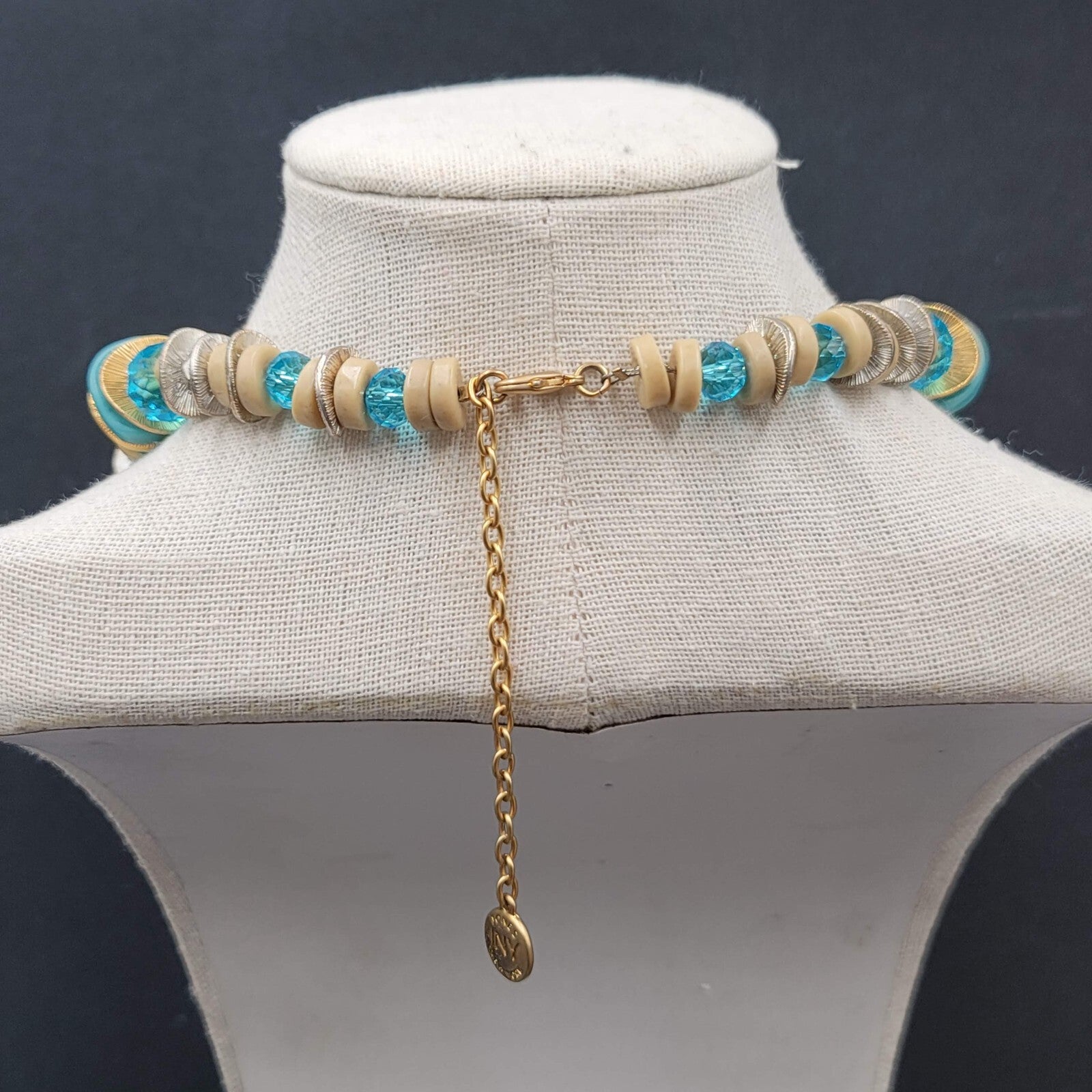 JONES NEW YORK JNY Signed Gold Tone Blue Chunky Beads Necklace 16"-19"