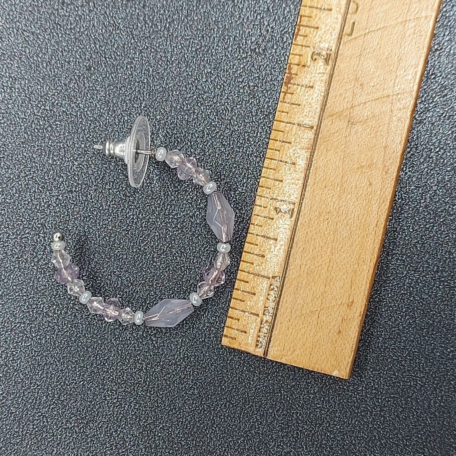 Liz Claiborne Pierced Earrings Silver tone Beaded Hoops Light Pink Purple 1 1/8"
