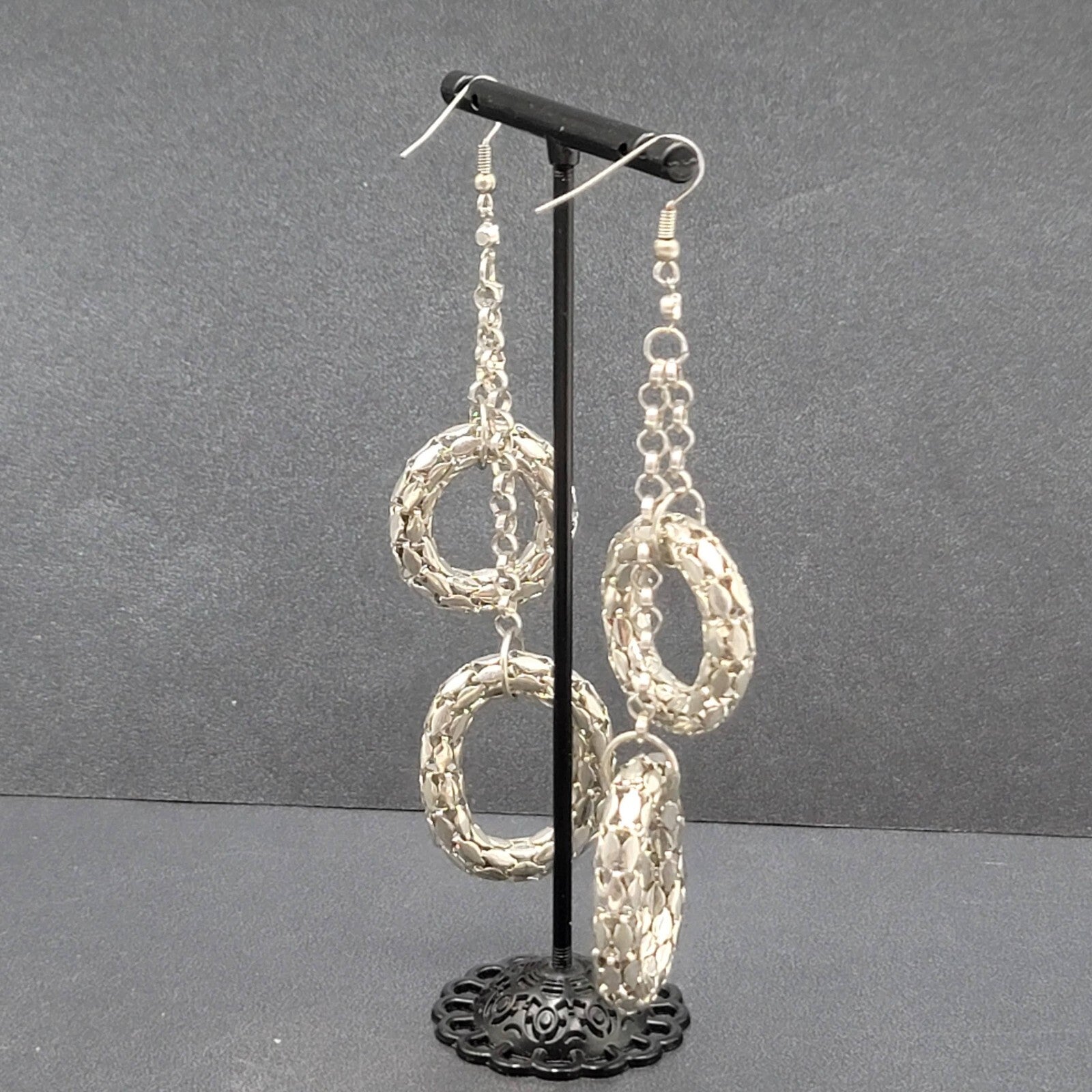 Pierced Earrings Silver tone Statement Dangle Chains 3.25"