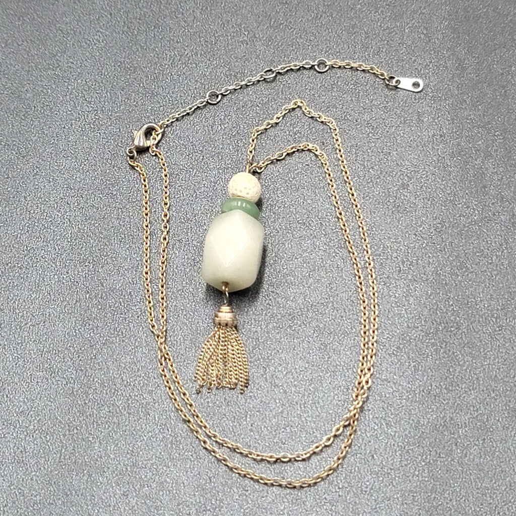 Jadeite Bead Pendant Tassel Necklace Silver tone Chain 20"-23"