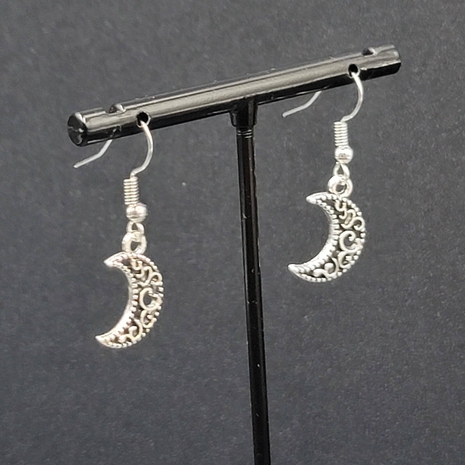 New MOON Pierced Earrings Silver tone Open Work Metal Dangle 5/8"