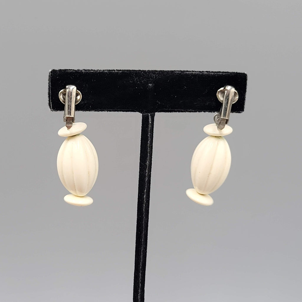 Vintage White Bead Clip on Earrings Silver tone Dangle  1.25"