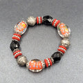 Beaded Bracelet Art Glass Red Black Silver tone Embossed Beads Elastic 6"