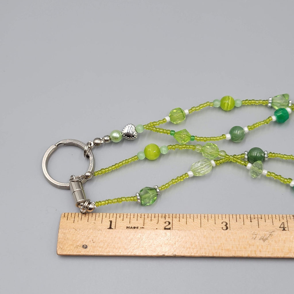 Green Bead Lanyard Necklace Silver tone Keychain Necklace 32" Magnet Closure