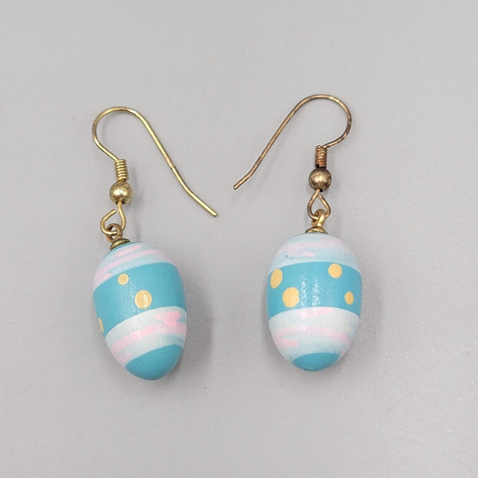 Vintage Blue Easter Egg Pierced Earrings Hand Painted Wood Dangle 7/8"