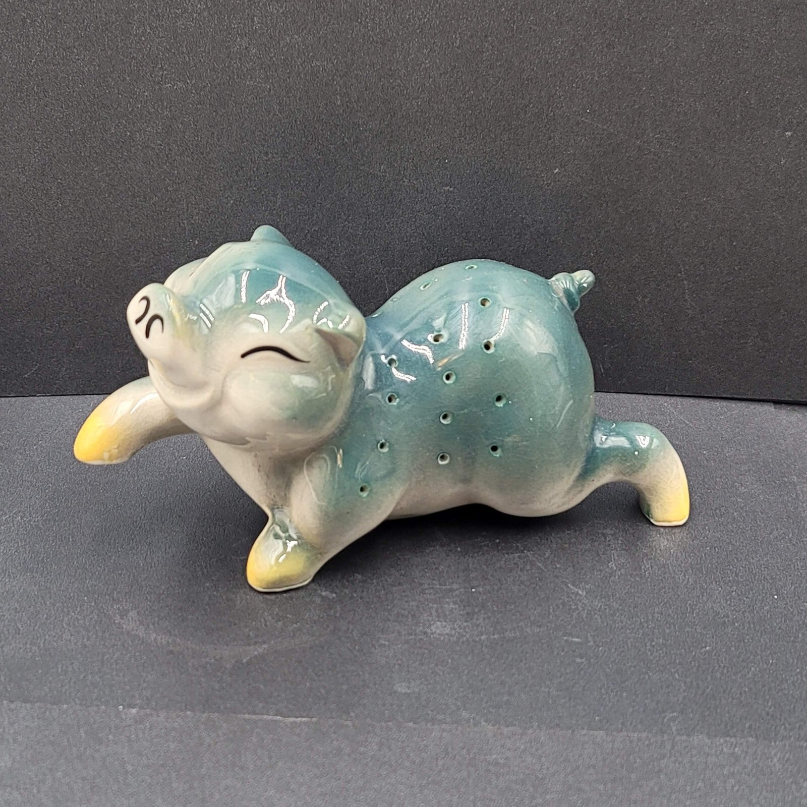 Vintage Blue Green Pig Toothpick Appetizer Server Ceramic MCM 7" x 3.5”