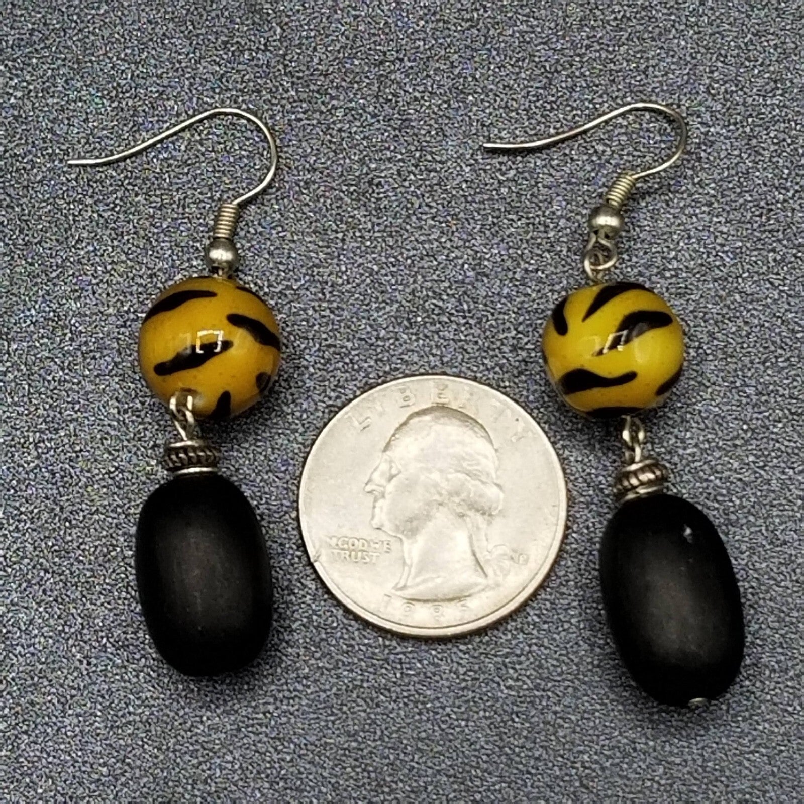 Pierced Earrings Glass Wood Bead Boho Dangle 1 1/2"