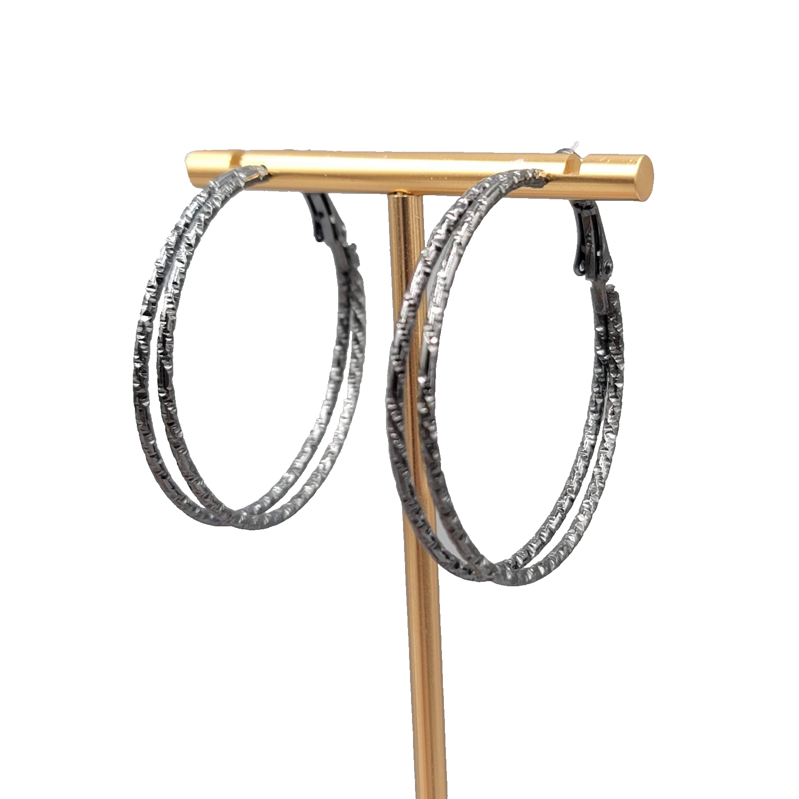 Double Hoop Pierced Earrings Black Textured Metal 1.75 in