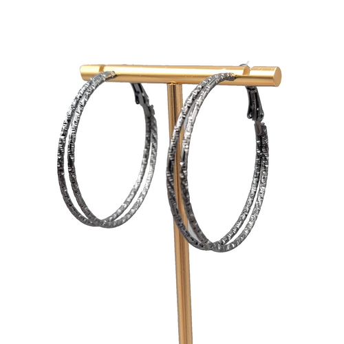 Double Hoop Pierced Earrings Black Textured Metal 1.75 in