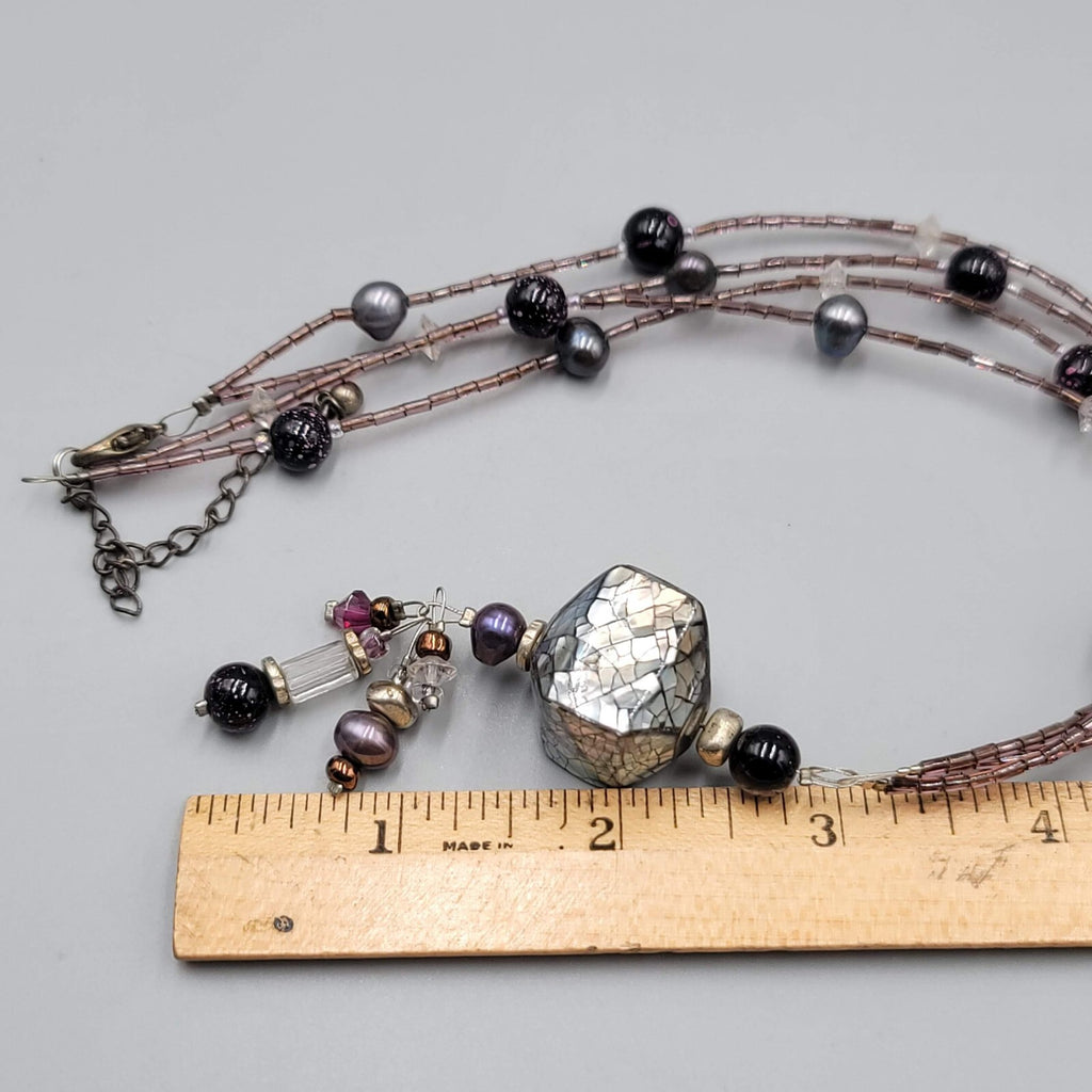Artisan Necklace Real Pearl and Glass Beads Shell Mosaic Pendant 18"