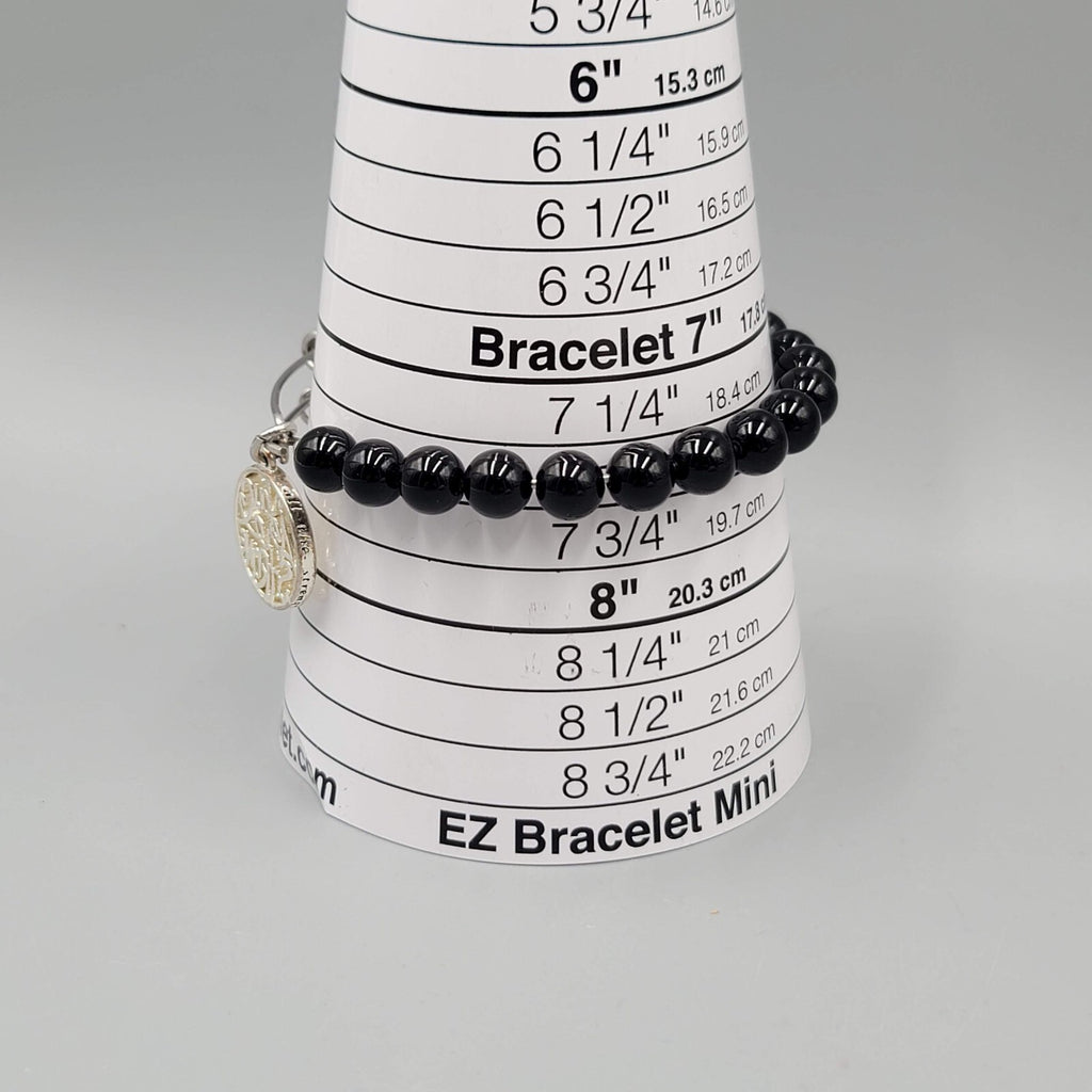 Black Glass Bead Bracelet Silver Tone You Are Strong Charm 7.5 in