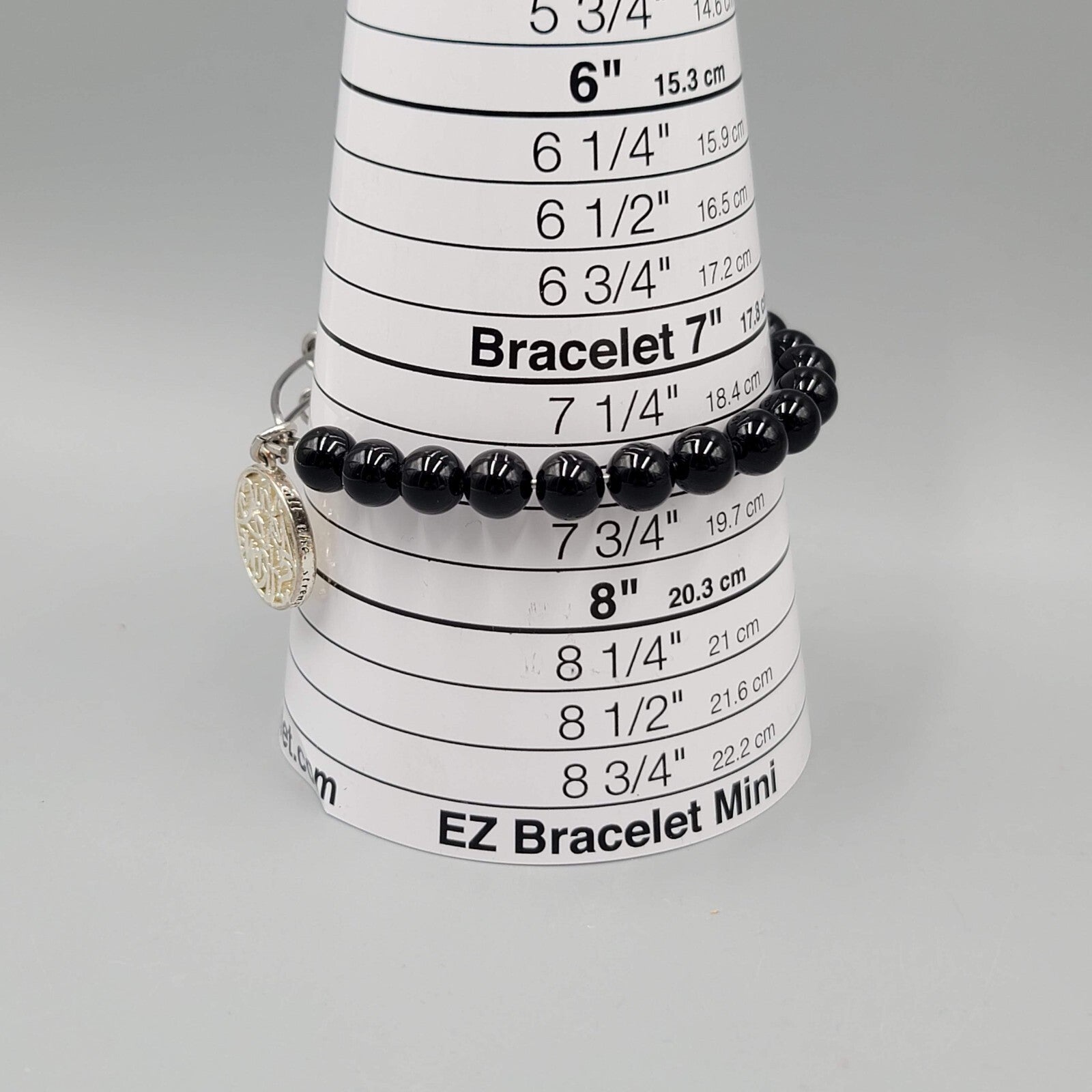 Black Glass Bead Bracelet Silver Tone You Are Strong Charm 7.5 in