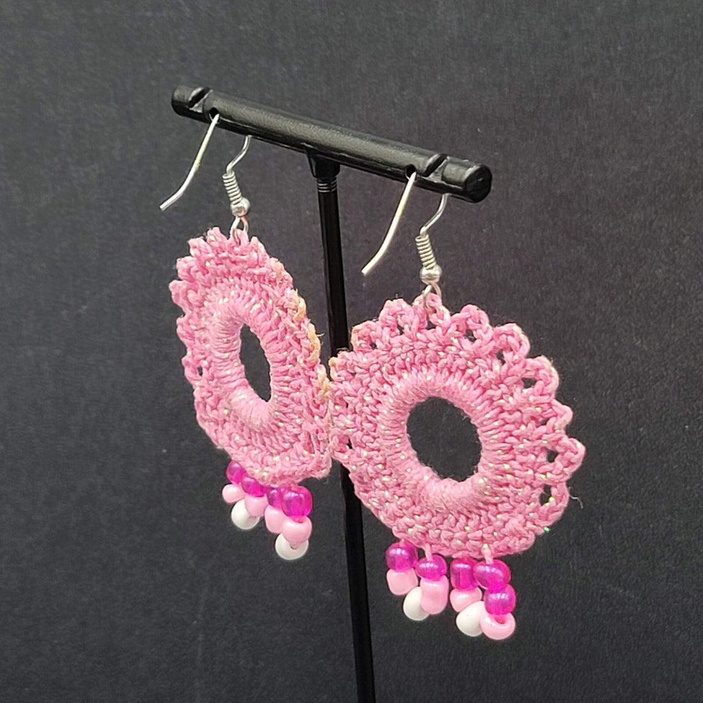 Pierced Earrings Pink Crochet Bead Dangle 1 7/8"