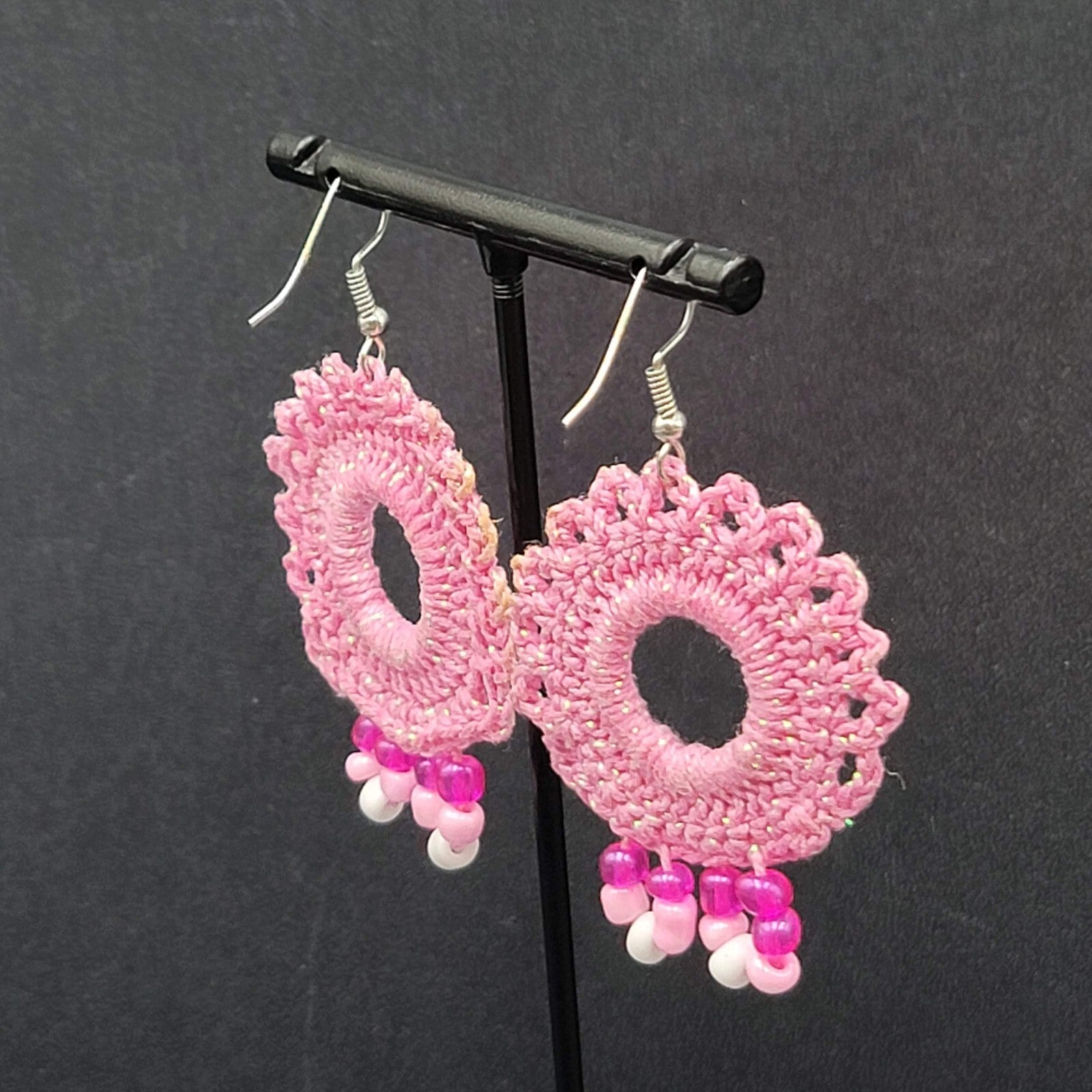 Pierced Earrings Pink Crochet Bead Dangle 1 7/8"