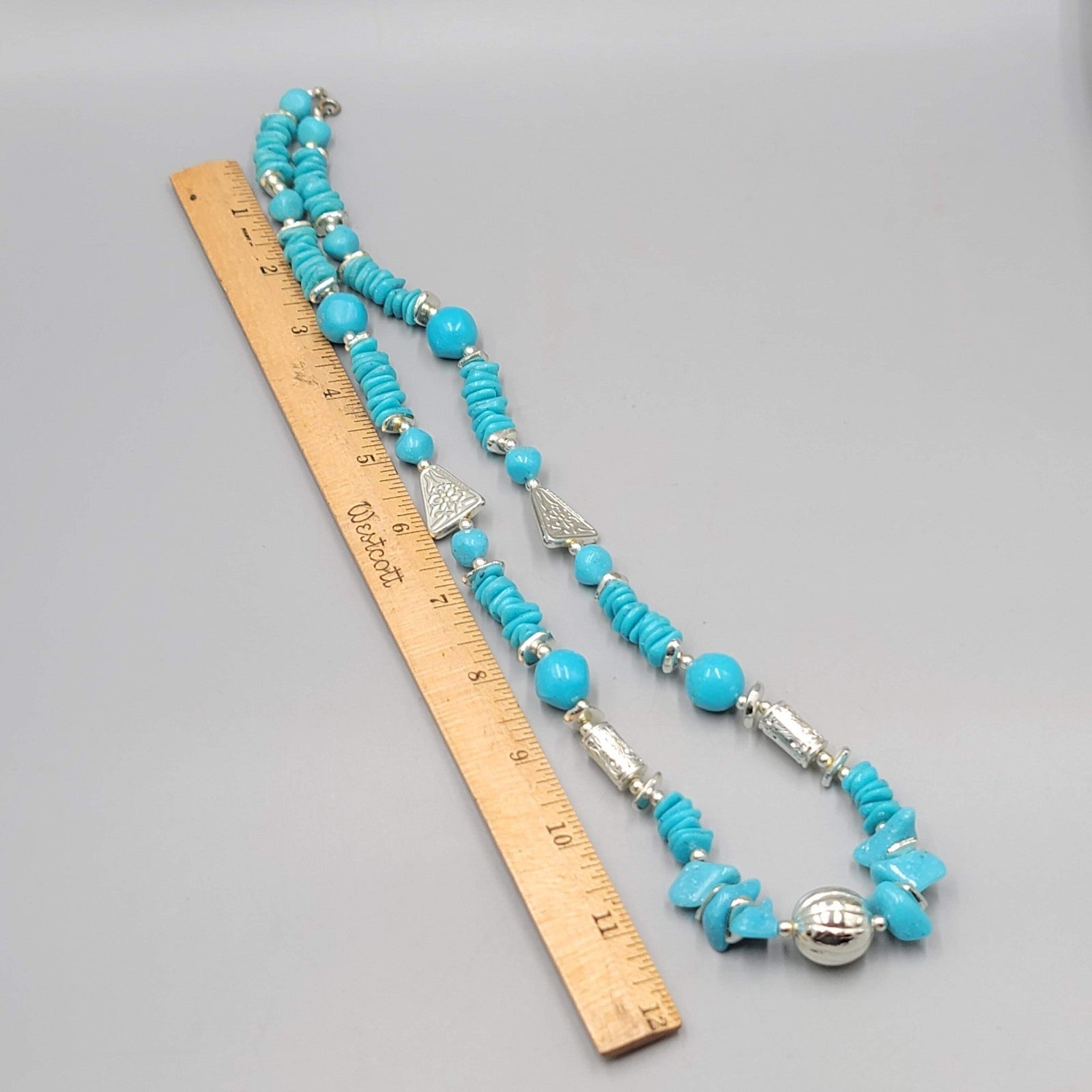 Vintage Bright Blue and Silver tone Bead Necklace 28"