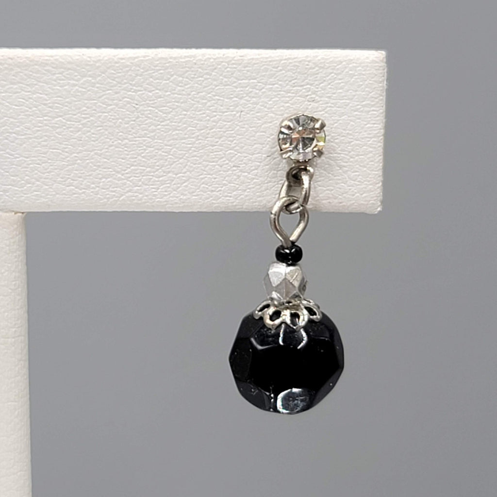 Black Glass Bead Rhinestone Pierced Earrings Silver tone Dangle 1"