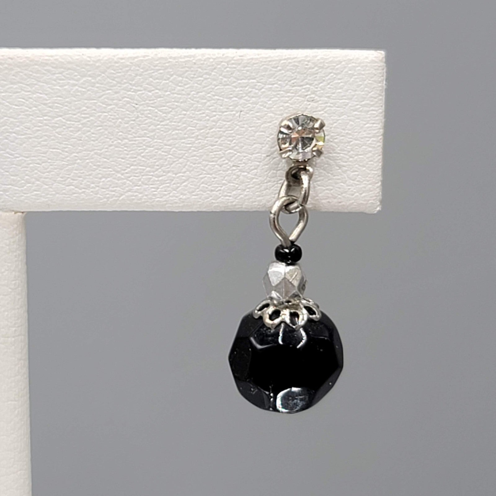 Black Glass Bead Rhinestone Pierced Earrings Silver tone Dangle 1"