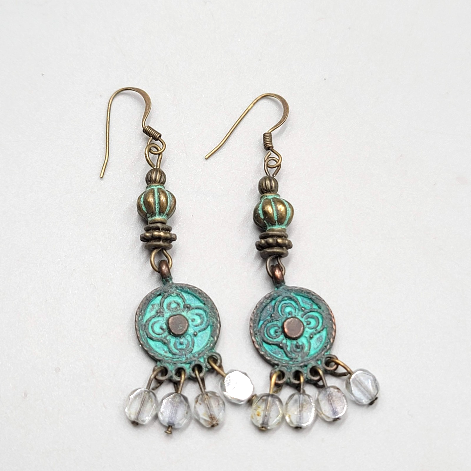 Green Bronze tone Chandelier Dangle Pierced Earrings 2"
