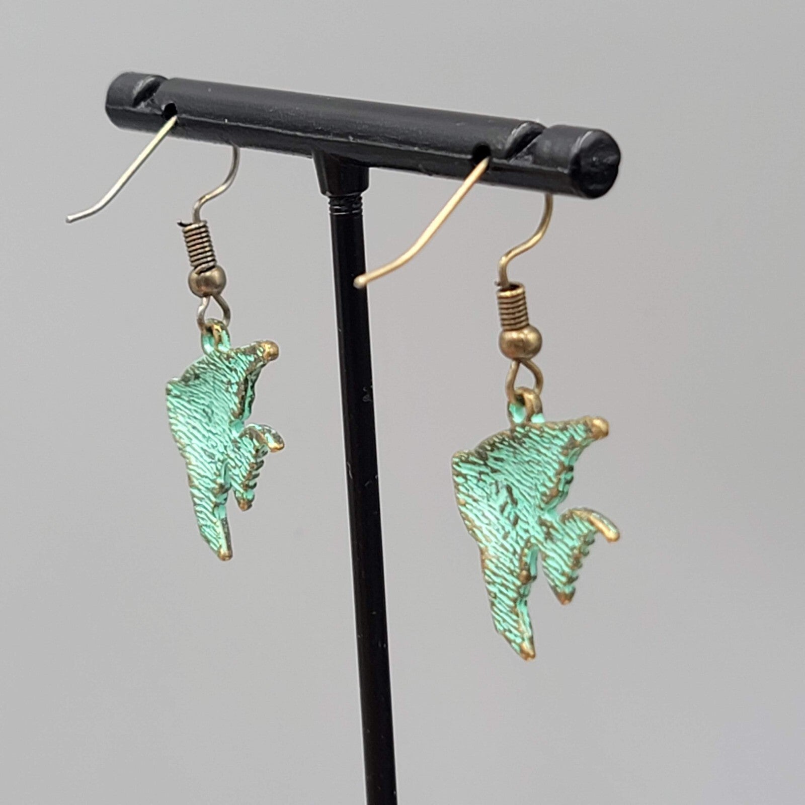 Angelfish Beach Sea life Pierced Earrings Bronze tone Green wash Dangle 3/4"