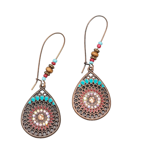 Boho Teardrop Medallion Pierced Earrings Bronze tone Dangle 2.75 in