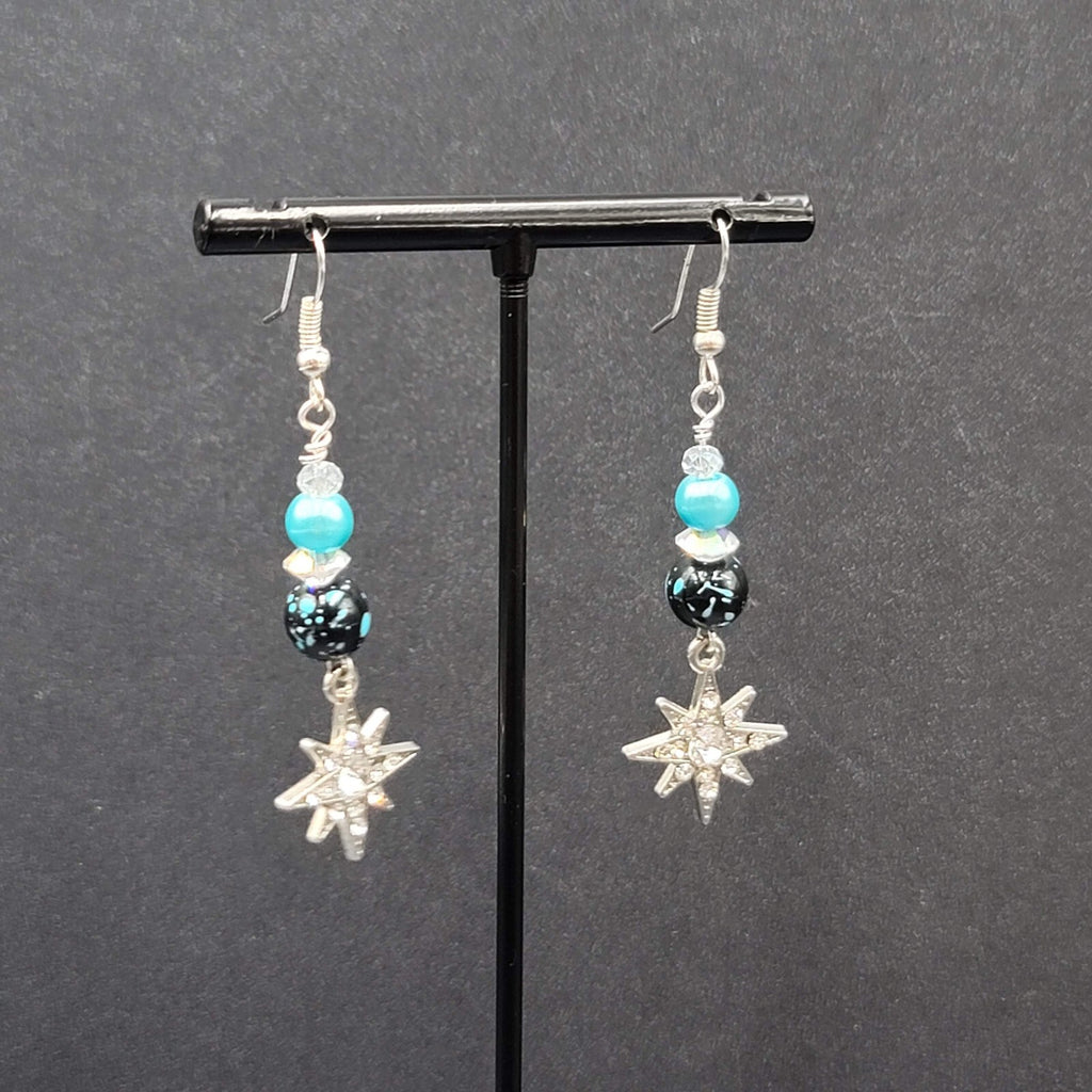 Pierced Earrings Silver tone Blue Bead Rhinestone Star Dangle 1.75"