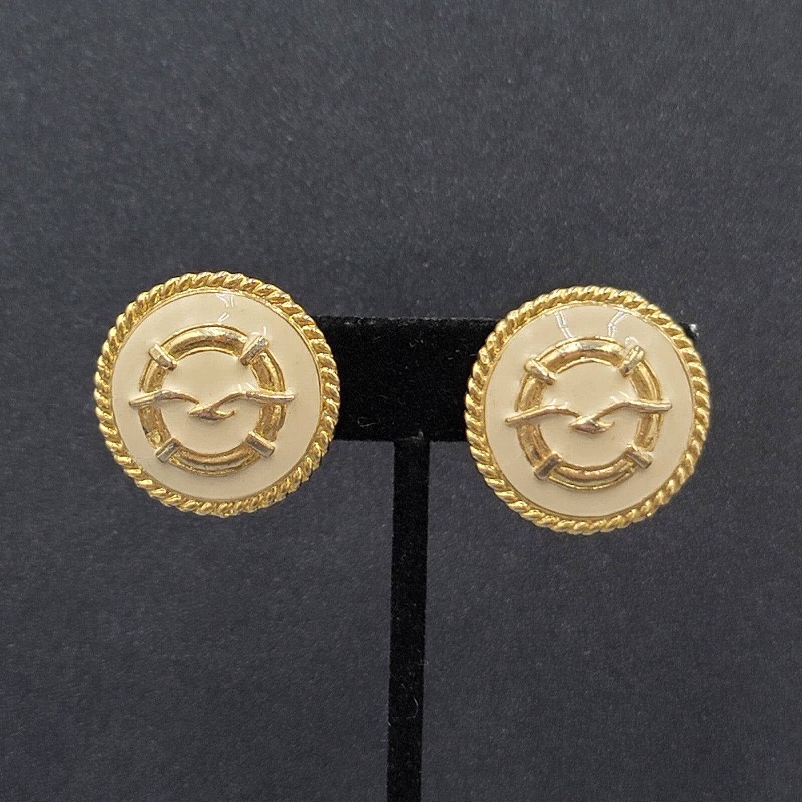 Vintage Clip on Earrings Gold Plated White Enamel Seagull Nautical Round 1 1/8"