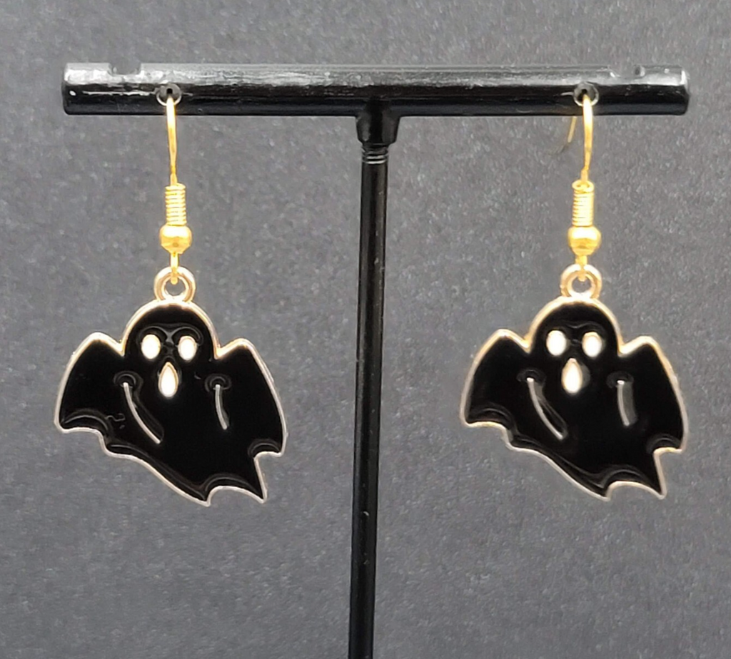 New Black Ghost Halloween Pierced Earrings Gold tone Enamel Dangle 1"