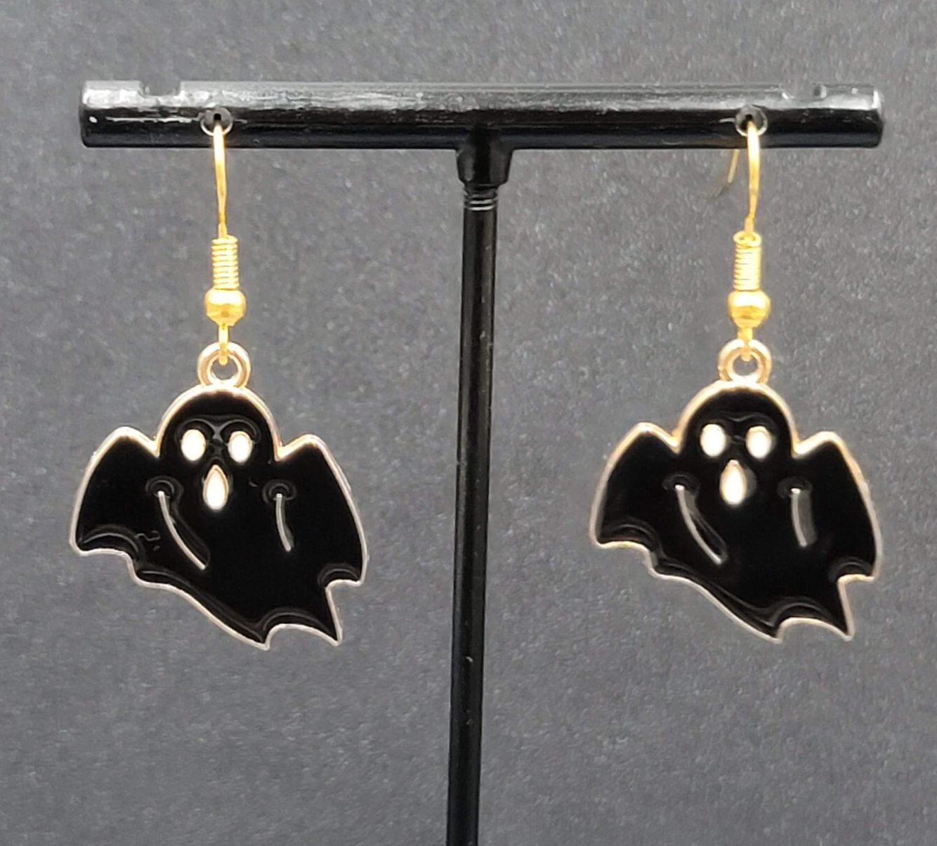 New Black Ghost Halloween Pierced Earrings Gold tone Enamel Dangle 1"
