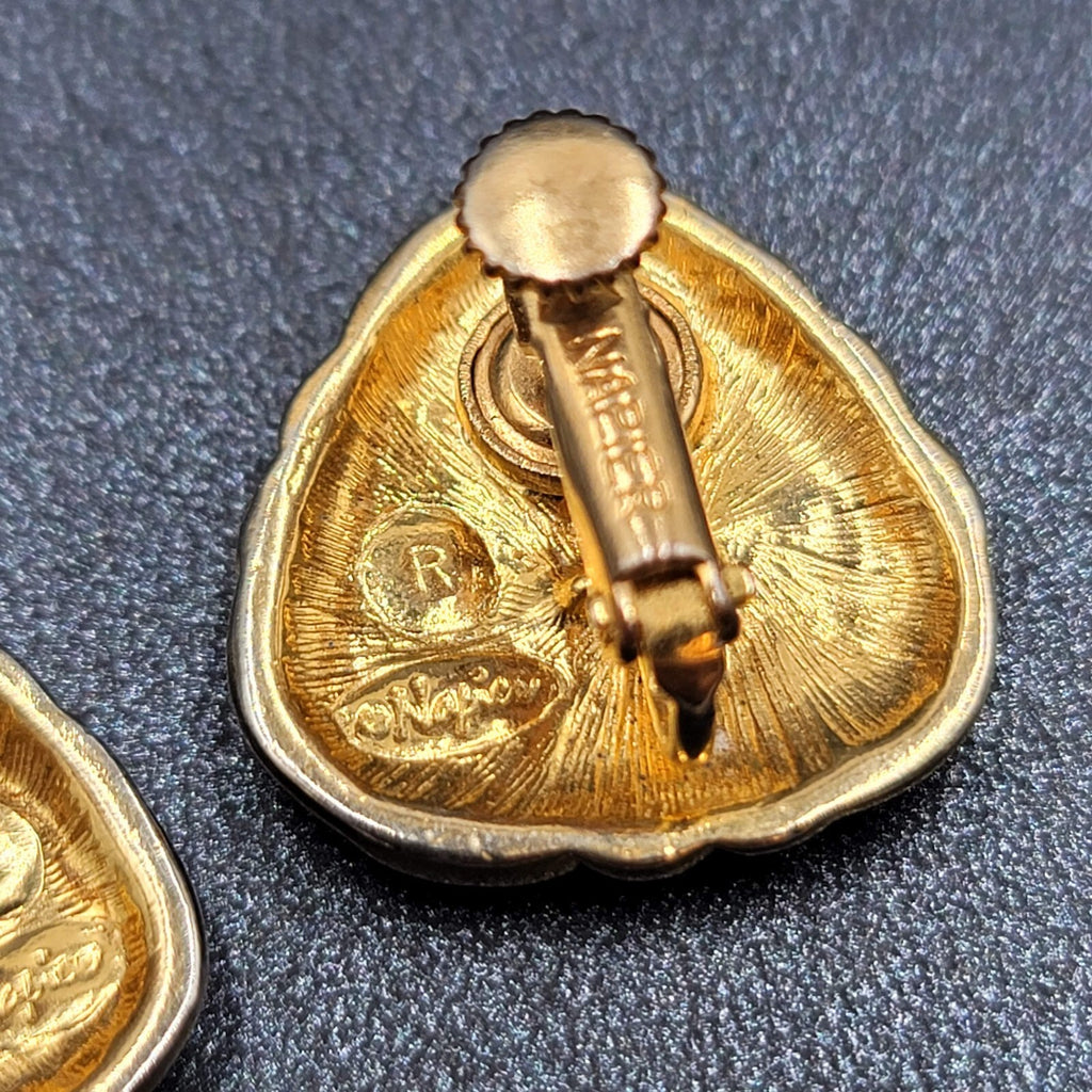 Vintage Napier Clip on Earrings Gold tone Black Enamel Screw Back 7/8"