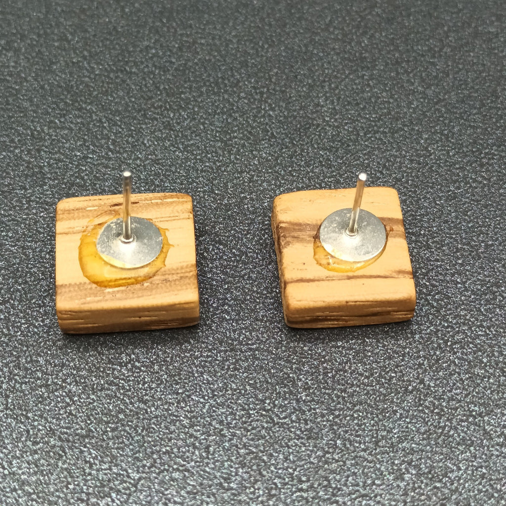 Vintage Pierced Earrings Wooden Square Block Studs  1/2"
