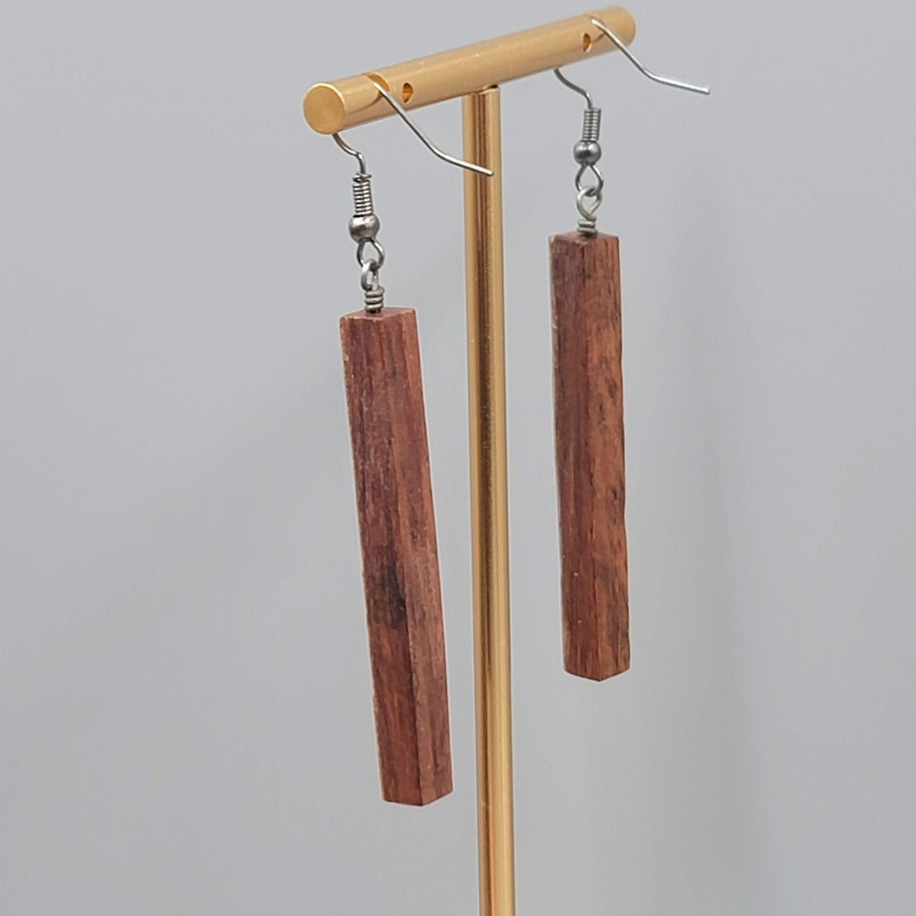 Long Wood Pierced Earrings Silver tone Dangle  2.25"