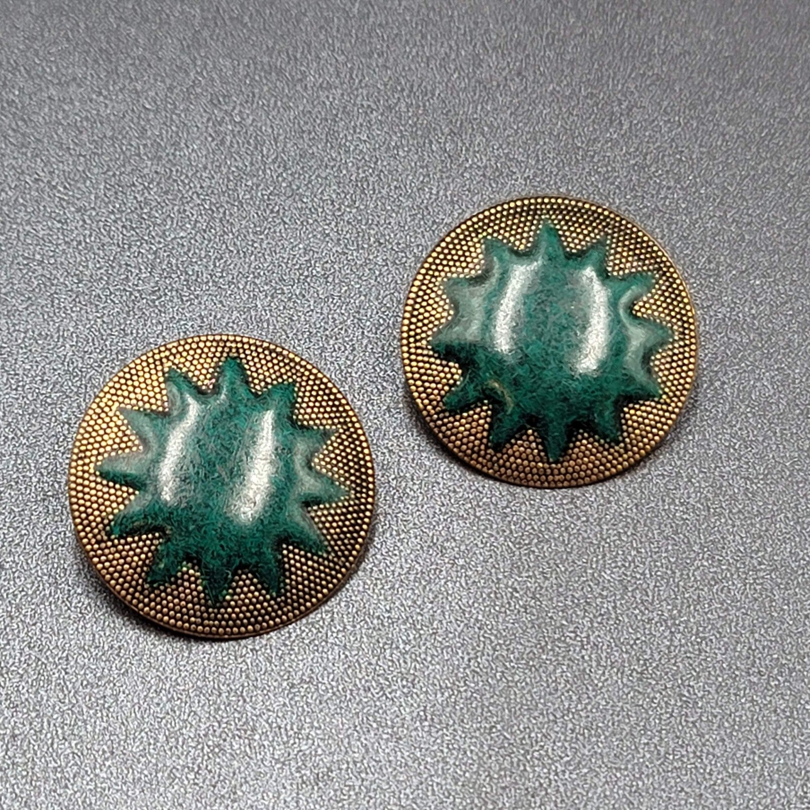 Vintage Pierced Earrings Large Gold tone Green Enamel Statement Round 1 3/8"