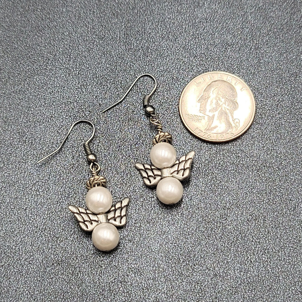 Angel Pierced Earrings Silver tone White Bead Dangle  1"