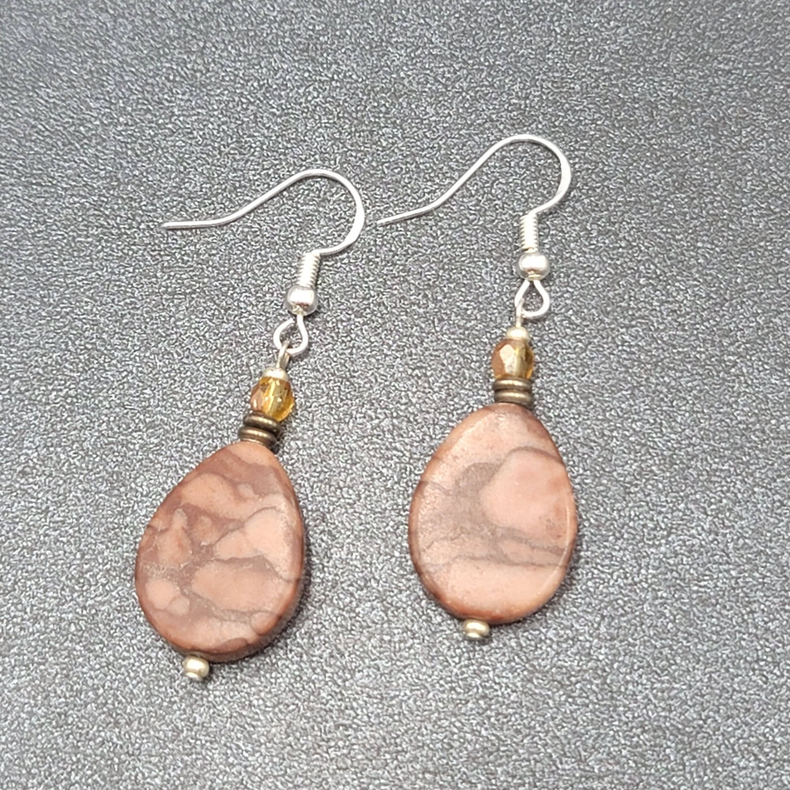 Pierced Earrings Sterling Silver Brown Stone Teardrop Bead Dangle 1.25"