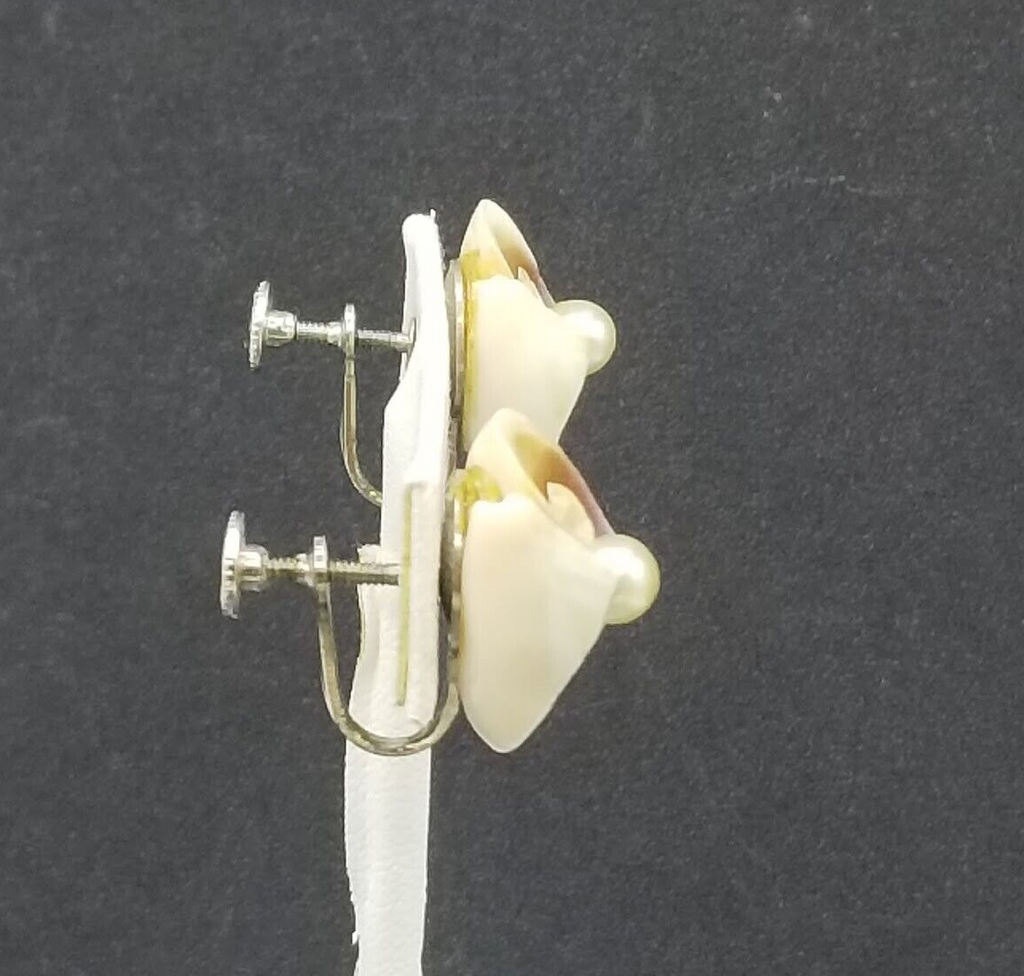 Vintage Clip On Earrings Cut Shell and Faux Pearl Screw Back Stud 3/4"