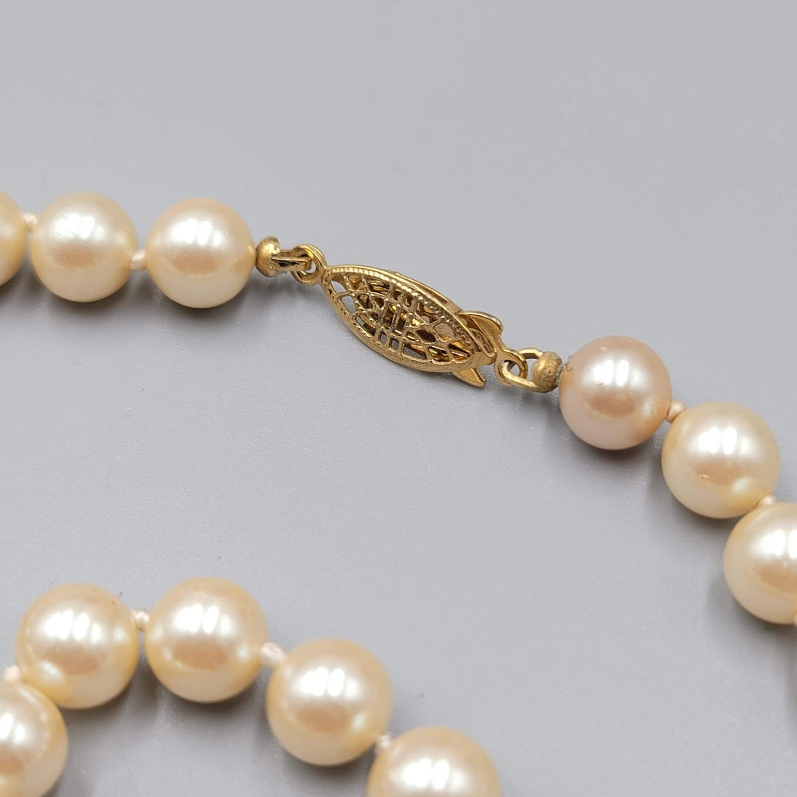 Vtg Glass Bead Necklace Imitation Pearl Hand Knotted Gold tone Filigree Clasp 8"