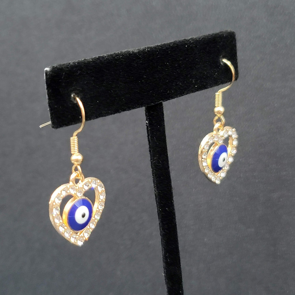 Pierced Earrings Gold tone Enamel Evil Eye Rhinestone Heart Dangle 3/4"