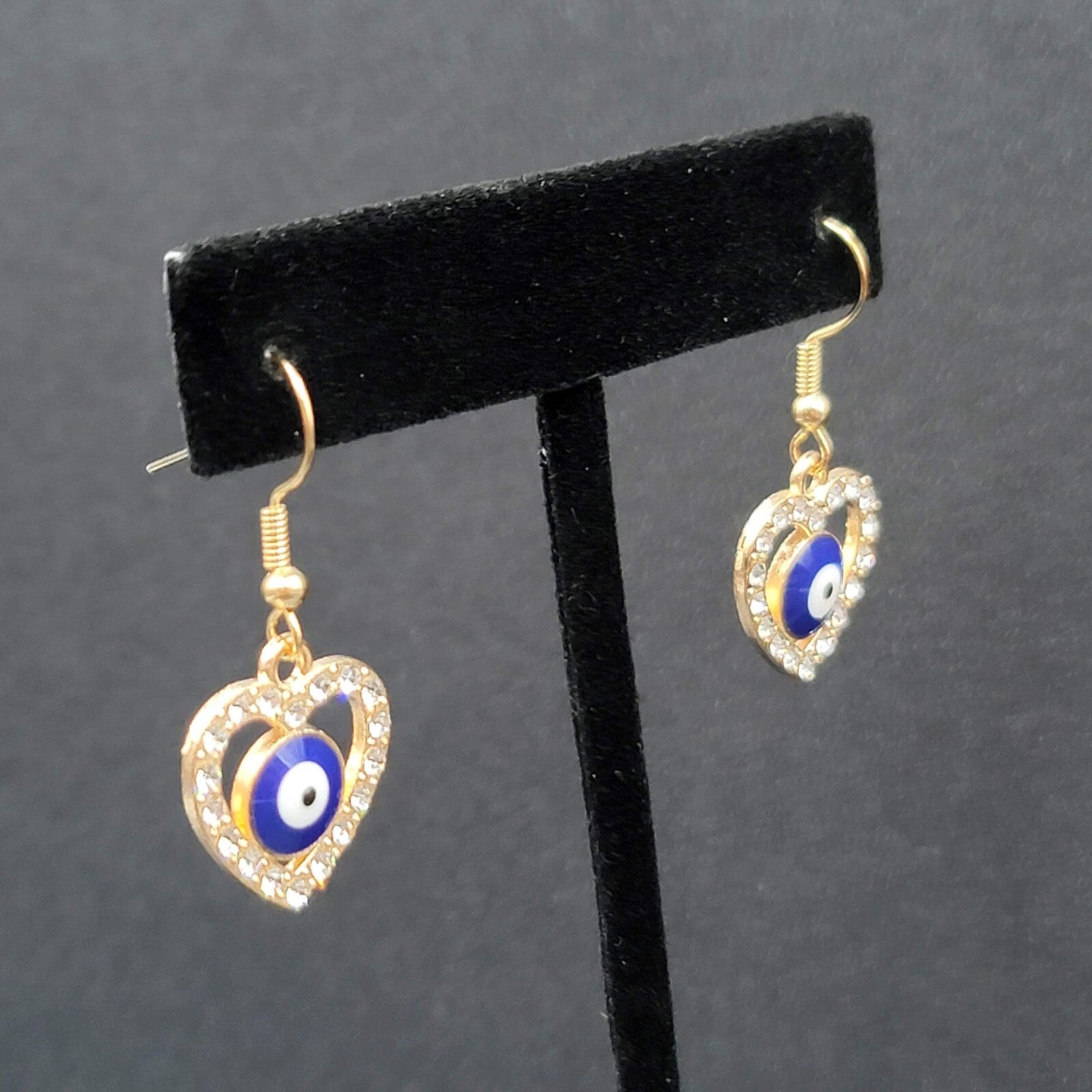 Pierced Earrings Gold tone Enamel Evil Eye Rhinestone Heart Dangle 3/4"