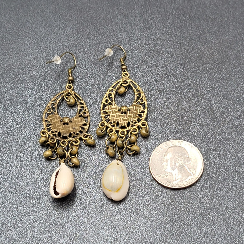 New Boho Pierced Earrings Bronze tone Multicolor Enamel Cowrie Shell 2.5"