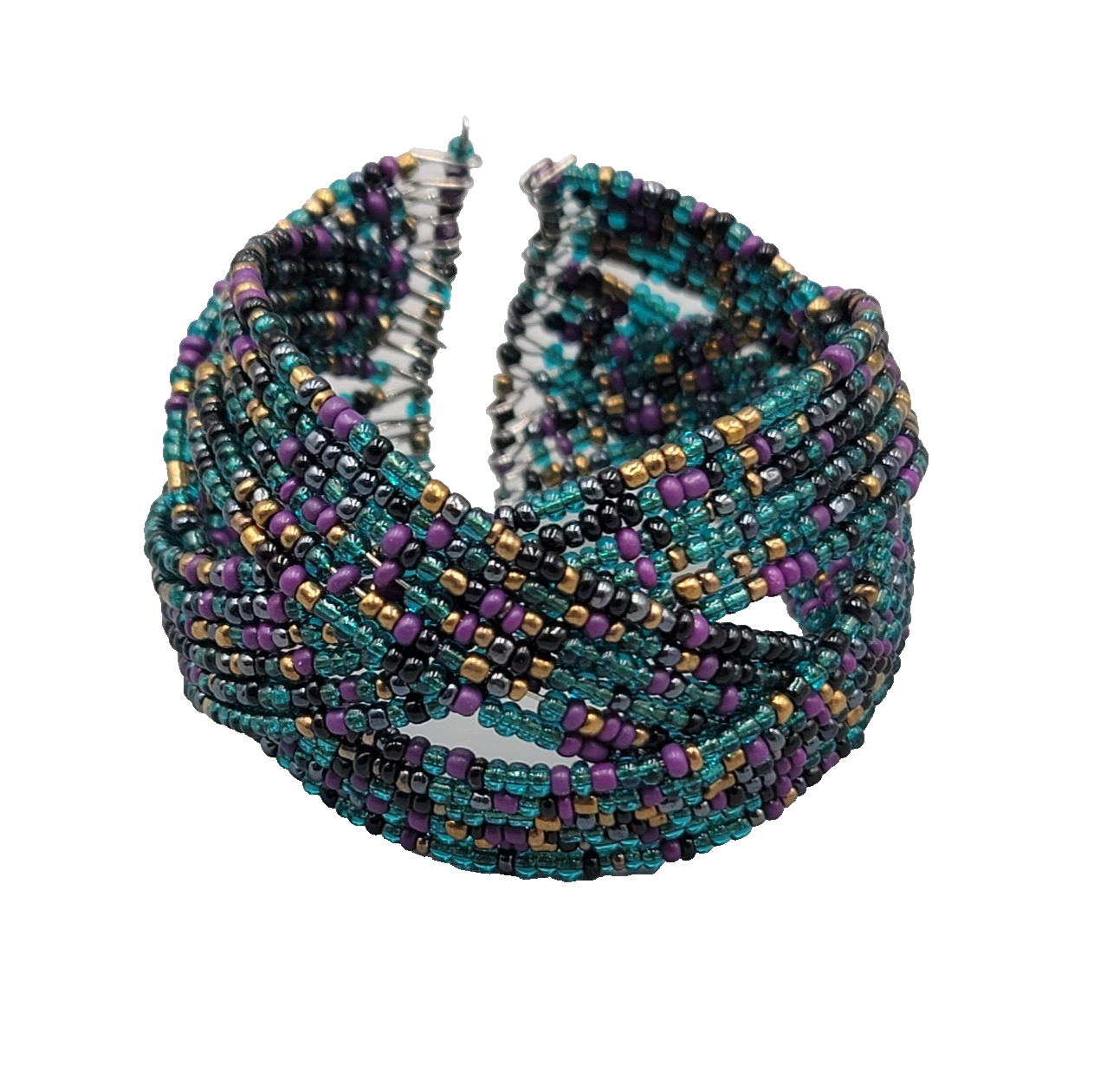 Vintage Cuff Bracelet Blue Purple Gold Seed Bead Woven