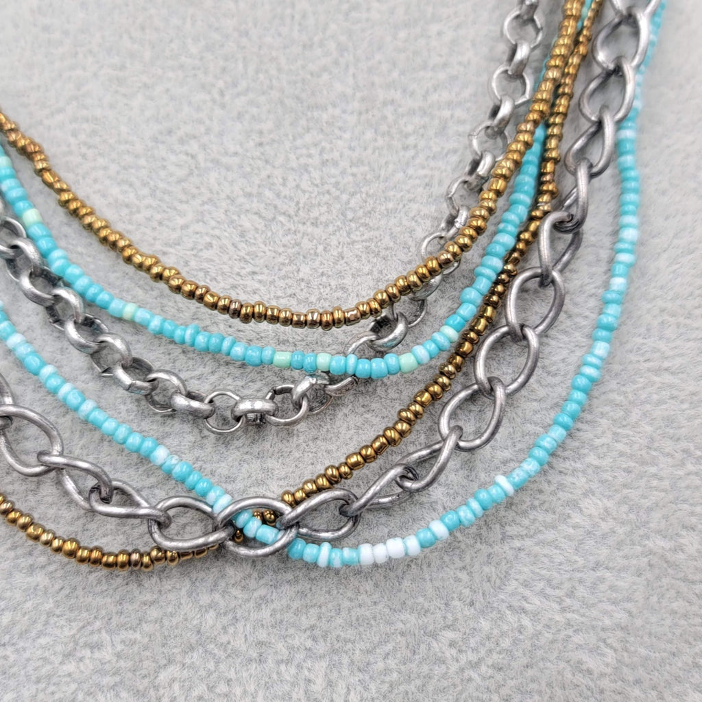 Blue Seed Bead Silver tone Chains Necklace 6 Strand 18"-20"